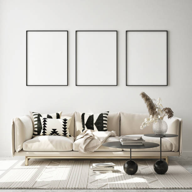 istock mock up poster frame in modern interior background, scandinavian style, 3D render 1242848405