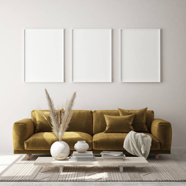 istock mock up poster frame in modern interior background, scandinavian style, 3D render 1242848619