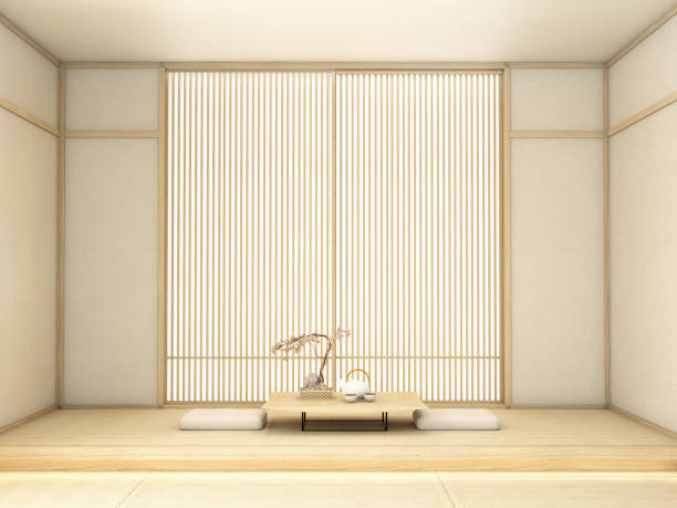 istock interior design,modern living room with table,wood floor,was designed specifically in Japanese style, 3d illustration, 3d rendering 1242866094