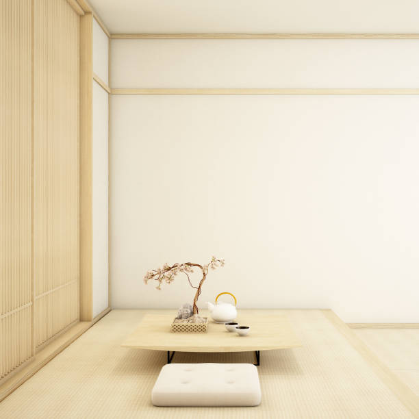 istock interior design,modern living room with table,wood floor,was designed specifically in Japanese style, 3d illustration, 3d rendering 1242866656