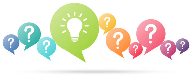 speech bubbles for solution symbolism speech bubbles with colored question marks and with green light bulb symbolizing idea or solution resourceful stock illustrations