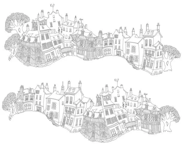 Vector illustration of Vector outline contoured fantasy landscape, trees, fairy tale small town medieval buildings black and white background. T shirt print. Adults Coloring Book page