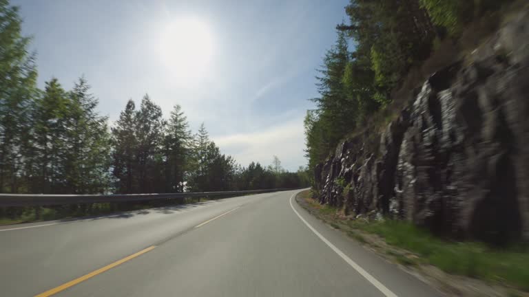 POV car driving by the fjords of Norway: outdoor on the road to Preikestolen