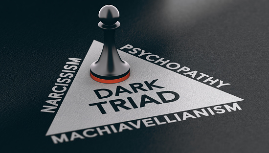 3d illustration of a pawn over a triangle shape with three words around it narcissism, psychopathy and machiavellianism. Psychological disorder concept. Dark triad and anti-social personality traits.
