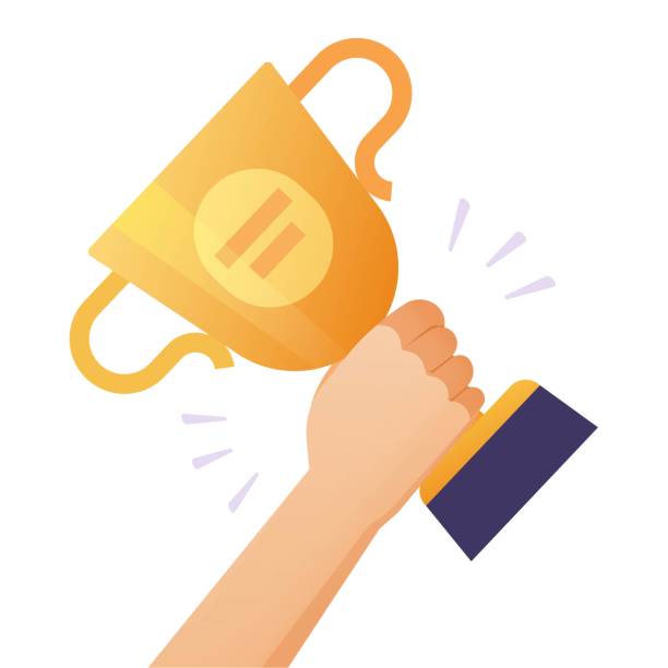 Winner success award gold cup vector or champion person holding in hand prize achievement reward trophy flat cartoon isolated on white background Winner success award gold cup vector or champion person holding in hand prize achievement reward trophy flat cartoon isolated on white background image clipart winners cup icon stock illustrations