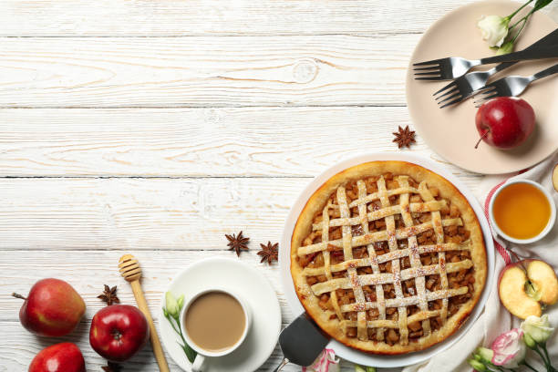 istock Composition with apple pie and ingredients on wooden background, top view 1242966038
