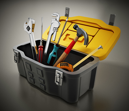 Large plastic toolbox with various hand tools.