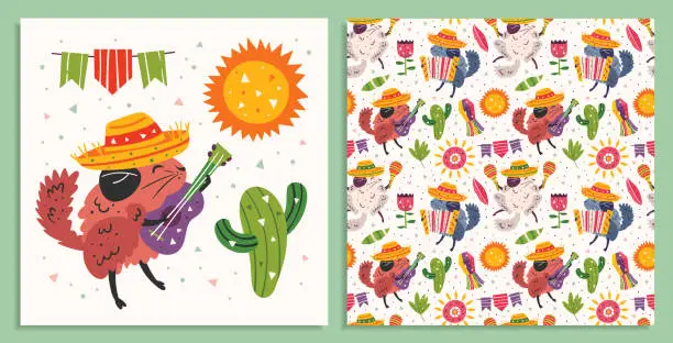 Vector illustration of Mexico holiday, party card. Little cute chinchillas in sombrero with maracas, accordion, guitar, cactus, sun and flags. Latin America. Flat colourful vector seamless pattern, texture, background.