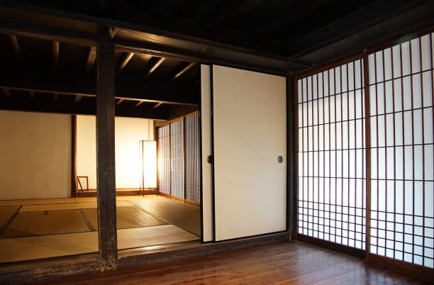 Indoor of the Japanese house Indoor of the night Japanese house lighted up by the light japanese living room interior in traditional and minimal design stock pictures, royalty-free photos & images