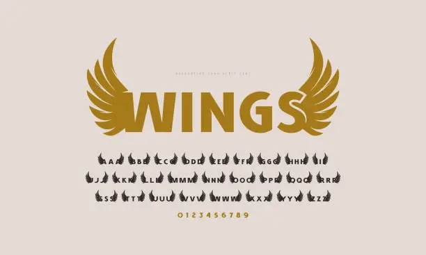 Vector illustration of Initial sans serif font with wings silhouettes