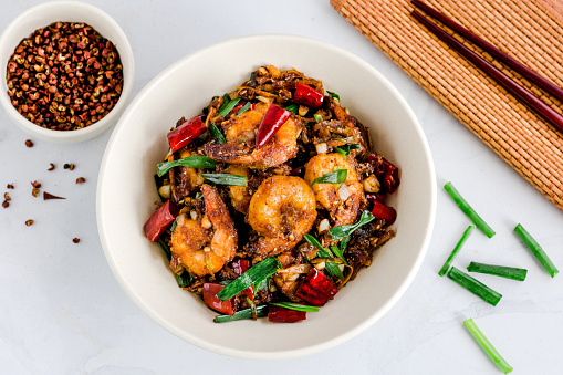 Stir-Fried Shrimp in a Bowl Directly Above Horizontal Photo