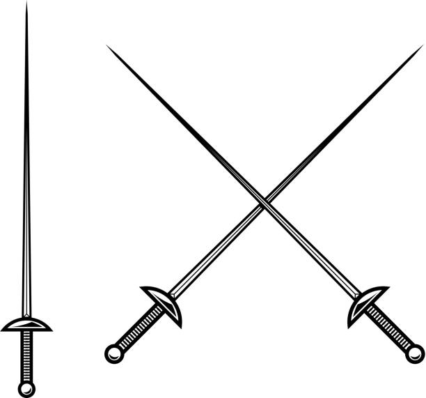 Crossed fencing swords isolated on white background. Design element for label, sign, badge. Vector illustration Crossed fencing swords isolated on white background. Design element for label, sign, badge. Vector illustration fencing sport stock illustrations