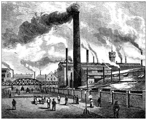 ilustraciones, imágenes clip art, dibujos animados e iconos de stock de ilustración antigua: industria siderúrgica de essen - siglo xix