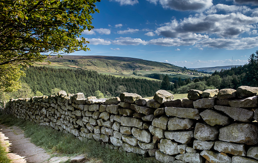 a drystone wall in the foreground of a footpath forming part of the Cleveland way on the North Yorkshire moors on a bright sunny day