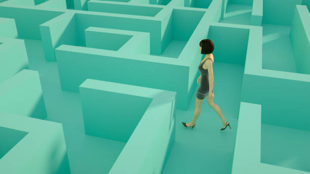 istock 3D maze labyrinth and businesswoman 1242991749
