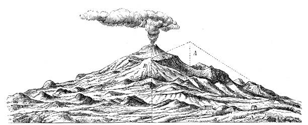 앤티크 일러스트: 에트나 화산 - mountain engraving drawing illustration and painting stock illustrations