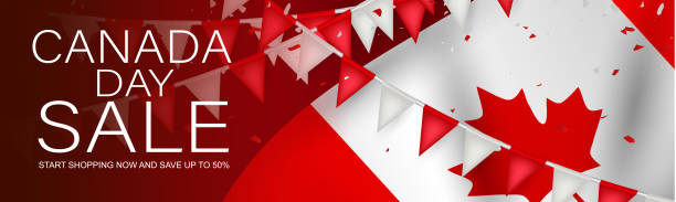 istock Canada day sale banner or header background. July 1 national holiday. Canadian flag with maple leaf and red bunting. Vector illustration. 1242999665
