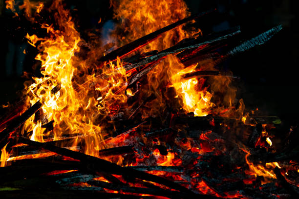 istock Bonfire that burns on a dark background, wood burning flame. 1243012773