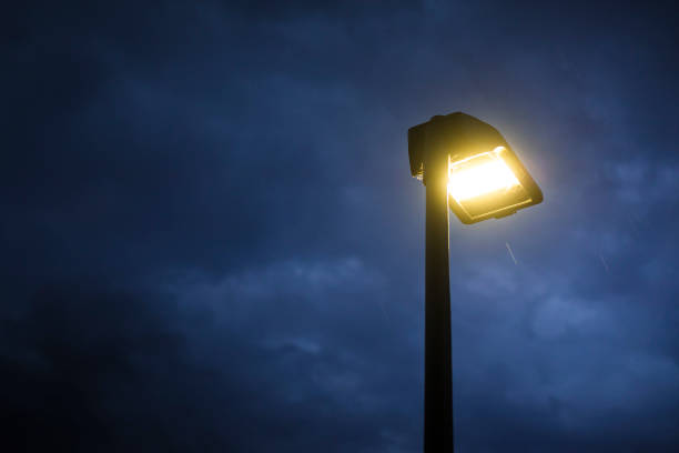 istock Street lamp lit at twilight with rain falling. 1243014495