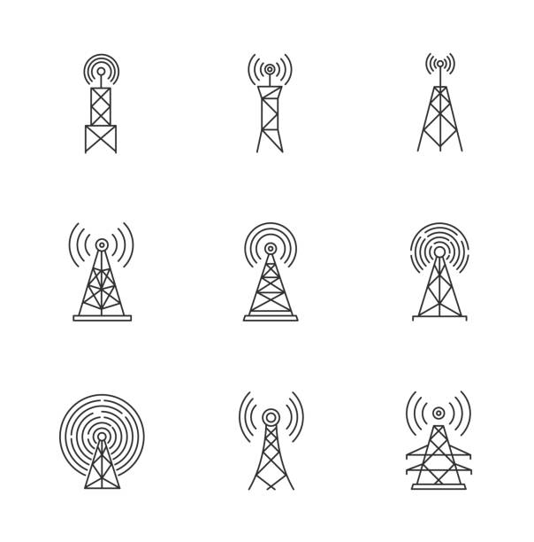 5g 基塔和天線圖元完美的線性圖示設置。快速連接。移動網路覆蓋。可自定義的細線輪廓符號。隔離向量輪廓插圖。可編輯筆劃 - 塔 幅插畫檔、美工圖案、卡通及圖標