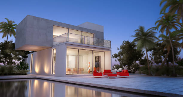 istock Modern house with pool with palm trees 1243043948