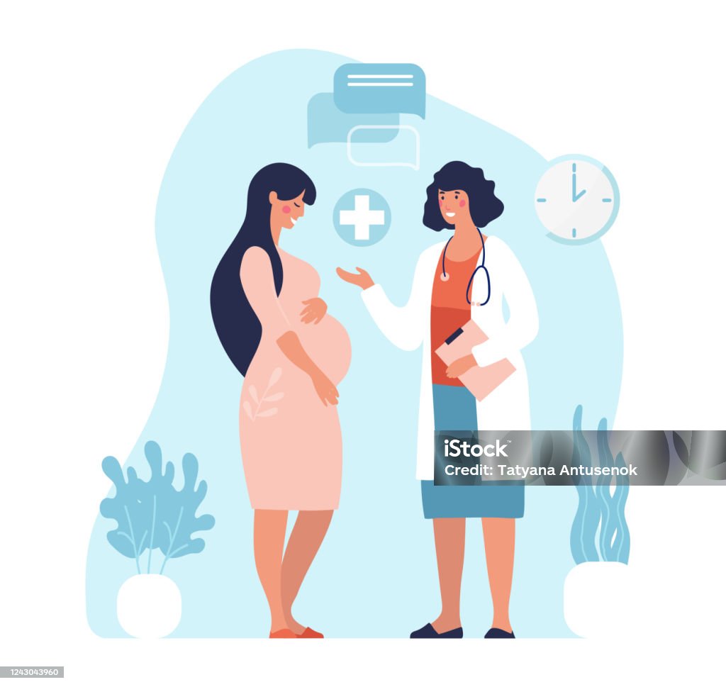 Schwangere Frau beim Arzttermin. Eine Frau, die ein Baby erwartet, besucht eine Arztpraxis, Untersuchung während der Schwangerschaft. Flache Vektor-Illustration im Cartoon-Design. - Lizenzfrei Schwanger Vektorgrafik