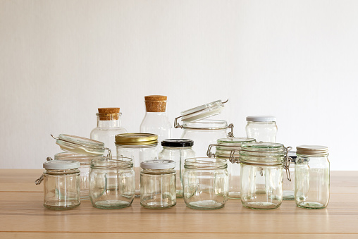 Set of Empty reusable glass jar on white background, sustainable eco friendly lifestyle zero waste concept.