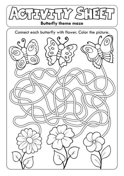 ilustraciones, imágenes clip art, dibujos animados e iconos de stock de hoja de actividad tema de mariposa laberinto - worksheet