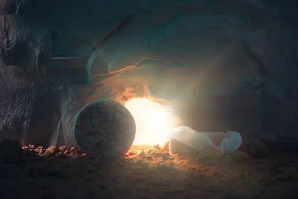 Jesus Christ resurrection. Christian Easter concept. Empty tomb of Jesus with light. Born to Die, Born to Rise. "He is not here he is risen". Savior, Messiah, Redeemer, Gospel. Alive. Miracle