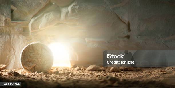 Jesus Christ Resurrection Christian Easter Concept Empty Tomb Of Jesus With Light Born To Die Born To Rise He Is Not Here He Is Risen Savior Messiah Redeemer Gospel Alive Miracle Stock Photo - Download Image Now