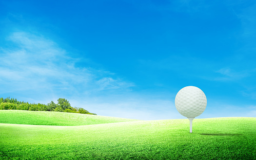 White golf ball on tee and green grass meadow field with blue sky and trees in background.