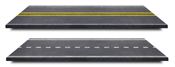Side view of Asphalt straight street road way of lanes with lines isolated on white background. (Clipping path)