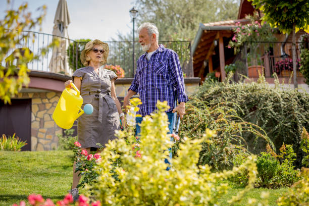 シニア白人カップルの男女男性女性は、チームのように一緒に庭で屋外で働いています。オフィスから引退した生活の中で植物や花の世話をしています。自然な幸せなライフスタイル - senior adult couple care spring ストックフォトと画像