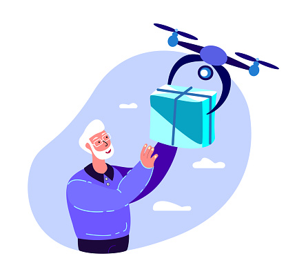 Drone Delivery.Retired Smiling Old Man Receive Contactless Delivery Parcel with Remotely Piloted Flying Aircraft.Box Sending.Aged Pensioner.Home Shopping Location,Buy,Receive. Flat Vector Illustration