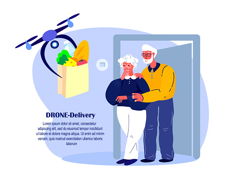 Drone Delivery.Retired Couple Old Woman Receive Contactless Delivery Food with Remotely Piloted Flying Aircraft.Meal Products, Aged Pensioners.Home Shopping.Buy,Receive Parcel.Flat Vector Illustration