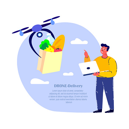 Drone Delivery. Young Smiling Man Receive Contactless Delivery Food Products,Remotely Piloted Flying Aircraft. Consumption Online.Home Shopping.Buy,Receive Parcel.Client Order.Flat Vector Illustration