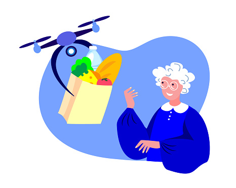 Drone Delivery.Retired Smiling Old Woman Receive Contactless Delivery Food with Remotely Piloted Flying Aircraft.Meal Products, Aged Pensioner.Home Shopping.Buy,Receive Parcel.Flat Vector Illustration