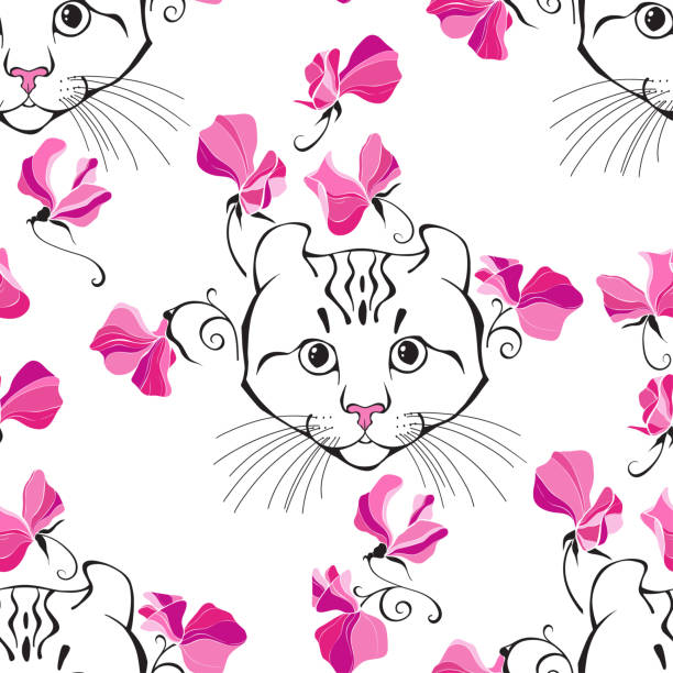 ilustraciones, imágenes clip art, dibujos animados e iconos de stock de rizo americano, cara de gato y guisante dulce. patrón sin costuras en blanco. ilustración vectorial dibujada a mano. fondo de arte animal. - flower sweetpea pattern seamless