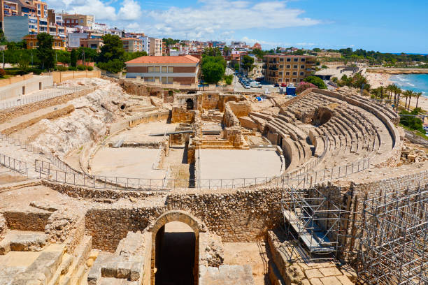 a view over the Ancient Roman Amphitheater in Tarragona, Spain, in springtime