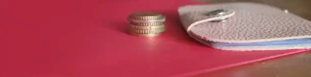 Photo of Pink leather wallet and Coin coils stacked on a red paper. Shopping saving spending money concept