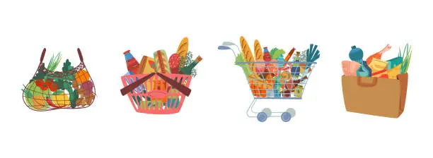 Vector illustration of Shopping bags and cart with products while shopping