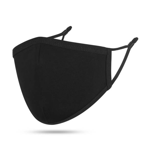 Blank black cotton reusable cloth mask isolated on white background. Front view. Empty surgical mask for mockup. Clear protective face mask for template & branding.