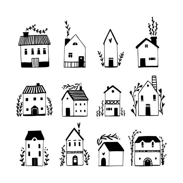 bildbanksillustrationer, clip art samt tecknat material och ikoner med skandinaviska hus. vektor handritad illustration av byggnader i en enkel barnslig tecknad stil. söt isolerad svartvit skissteckning - interior objects handdrawn