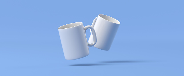 blank mug floating, blue background 3D rendering