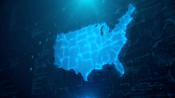 istock Map of USA with states on blue digital background 1243141953