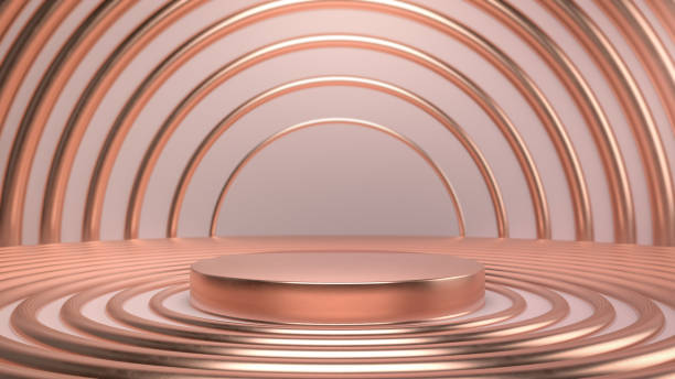 Abstract scene with golden and copper stage, pedestal or podium over golden rings and pink paper background. 3D illustration. Perfect background for presenting, branding or identity of your product or company. Place object or product on podium. escena abstracta con etapa dorada y de cobre, pedestal o podio sobre anillos dorados y fondo de papel rosa. renderizado 3d. antecedentes perfectos para presentar, marcar o identidad de su producto o empresa. coloque el objeto o producto en el podio.