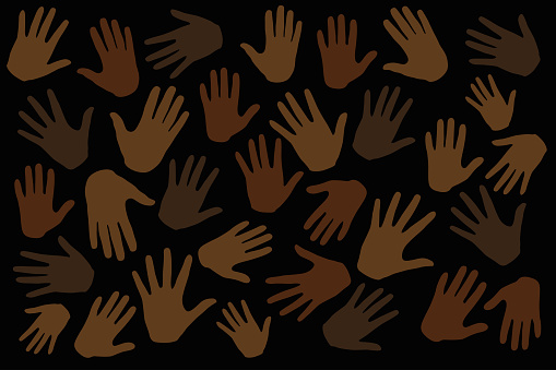 Many hands on dark background, stop racism. protest. Interracial community unity. Protests against racism in America. Modern vector in flat style. New movement on the rise