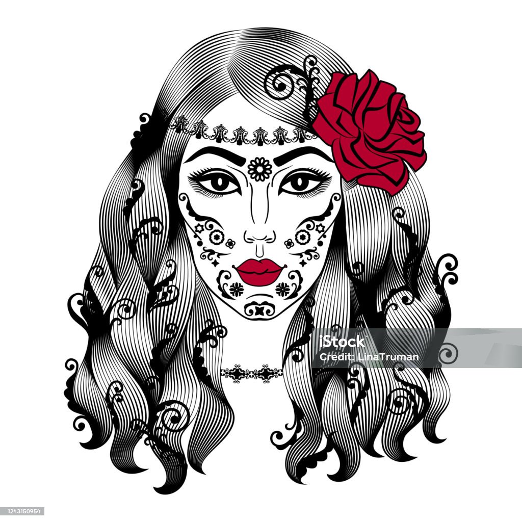 Portrait Of Beautiful Woman Girl With Ornamental Hairstyle And Tattoo On  Face Fashion Girl With Rose In Hair Fantasy Abstract Vector Illustration  Stock Illustration - Download Image Now - iStock
