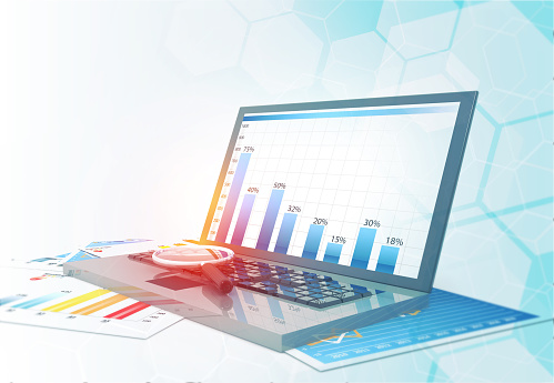 Stock market growth analysis with laptop computer. 3d illustration