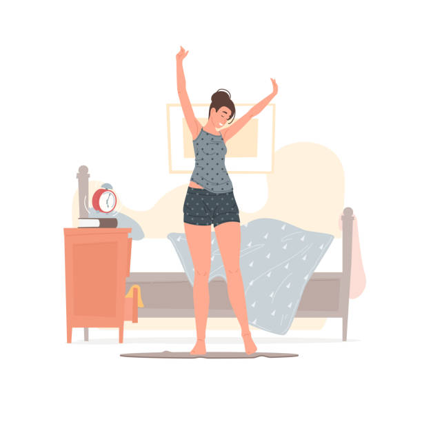 朝起き上がる幸せな若い女性 - wake点のイラスト素材／クリップアート素材／マンガ素材／アイコン素材
